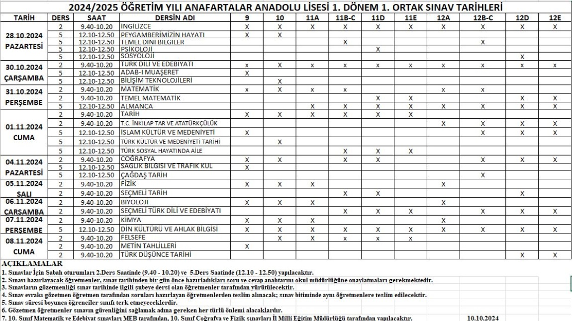 1. Dönem 1. Ortak Sınav Programı Tarihleri Duyurusu